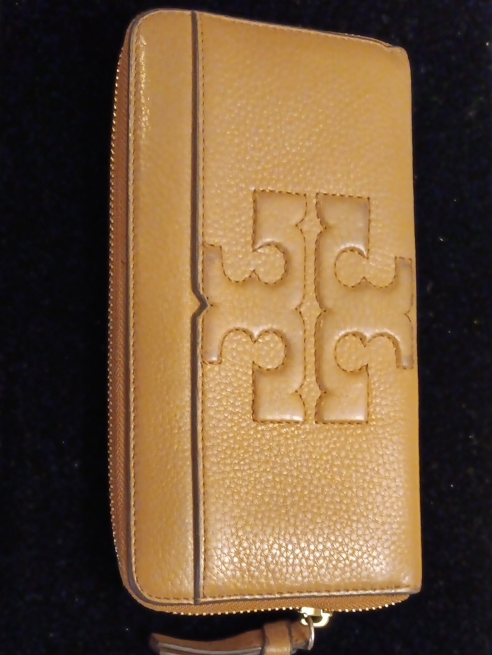Tory Burch Camel Tan Pebbled Leather Zip Card Long Wallet